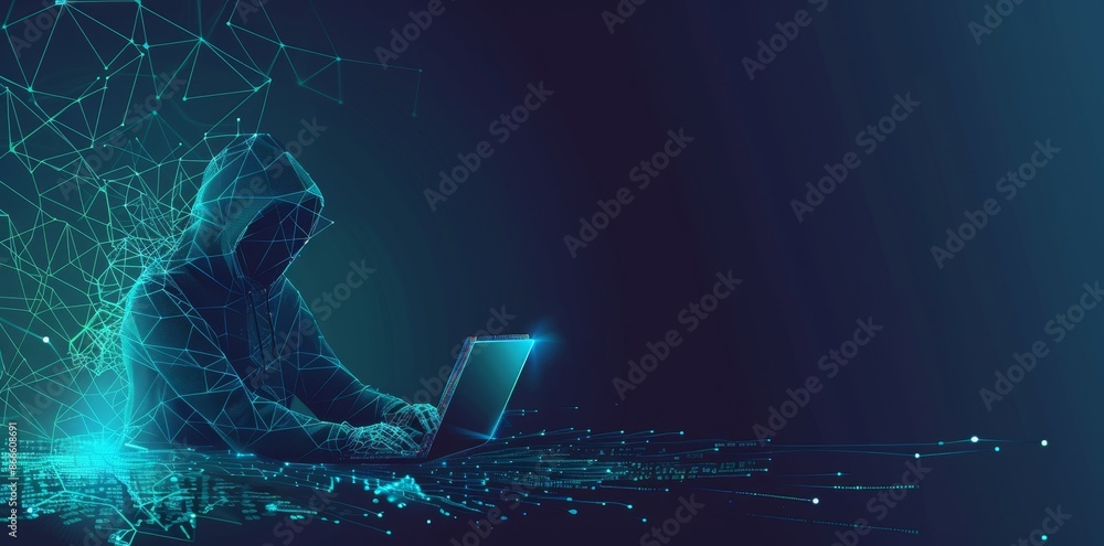 Poster modern illustration of a digital anonymous hacker with a light blue laptop and ai chip. computer chi