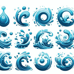 Liquid water splashes, falling aqua drops, sea or ocean waves and swirl. Blue water motion effects vector cartoon set
