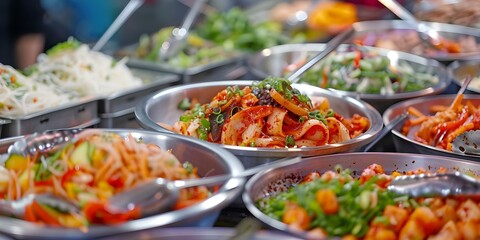 Vibrant Korean street food market with vendors serving popular dishes to crowds. Concept Asian Cuisine, Street Food Market, Korean Dishes, Food Vendors, Crowded Marketplace