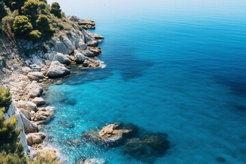 Fototapeta premium High angle shot of the ocean in different shades of blue in samos, greece