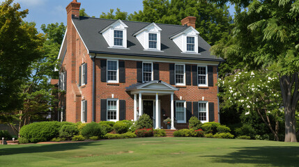 American House with Garden (Federal Style). Architecture Exterior with Windows. Residential Building (one family). Real Estate. Suburban Residence.    