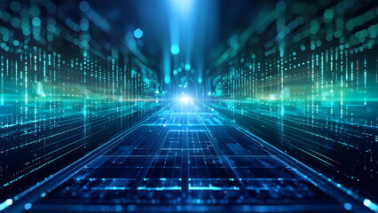 Abstract digital tunnel with glowing blue and green lights. Concept of futuristic technology, cyberspace, virtual reality and data flow