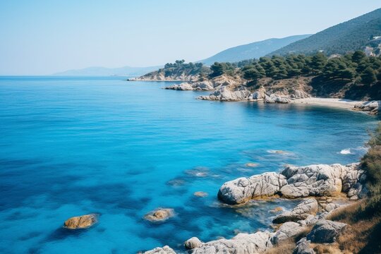 High angle shot of the ocean in different shades of blue in samos, greece