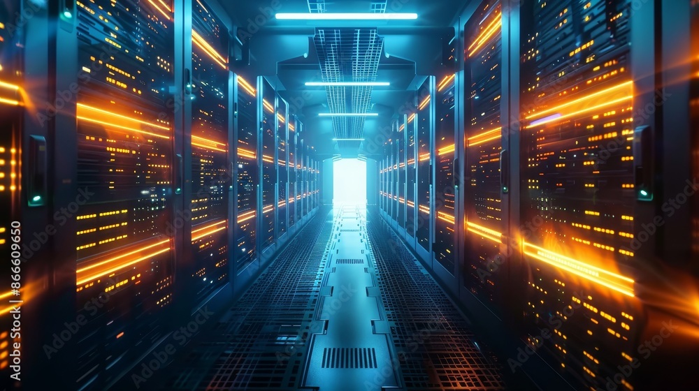 Poster data center corridor with rack servers and supercomputers with internet connection projection in wor