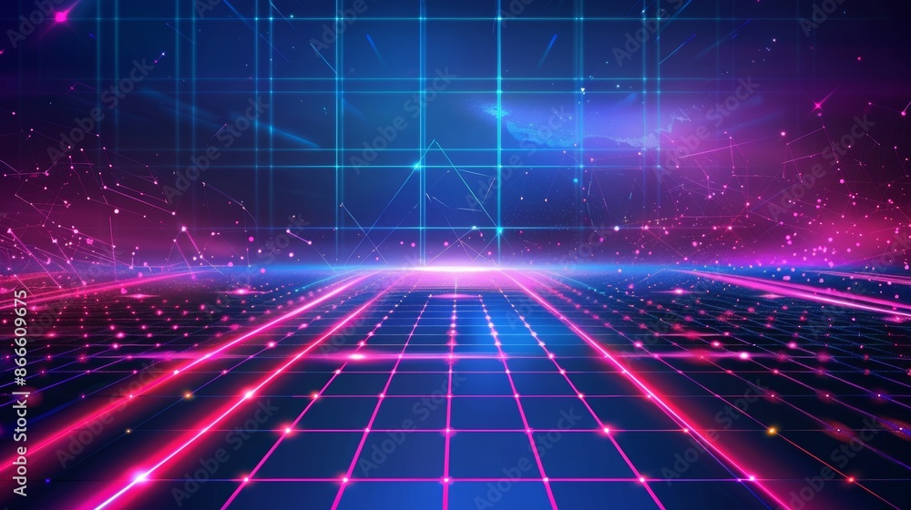 Poster this is a futuristic retro retro background with neon lights and geometric patterns in an 80s retro 