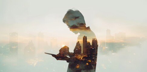 Obraz premium Conceptual illustration of a man using a digital tablet and a holographic image of a modern building. Real estate business and building technology.