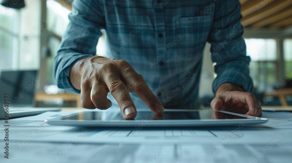 Poster working on a project with a high-tech tablet