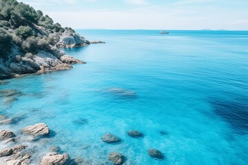 Fototapeta premium High angle shot of the ocean in different shades of blue in samos, greece