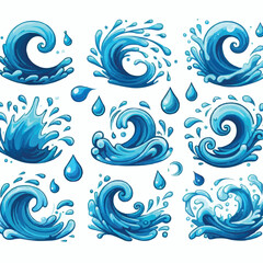Liquid water splashes, falling aqua drops, sea or ocean waves and swirl. Blue water motion effects vector cartoon set