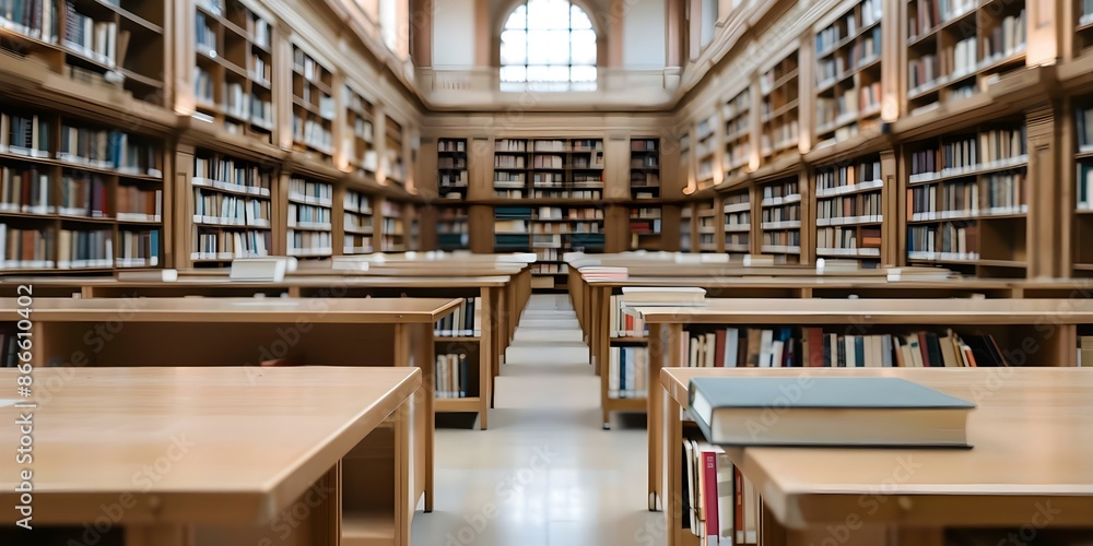 Poster immerse yourself in the tranquil ambiance of a library with rows of books and study tables. concept 