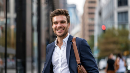 Obraz premium Businessman in an elegant suit exits a large office building, smiling and heading home.
