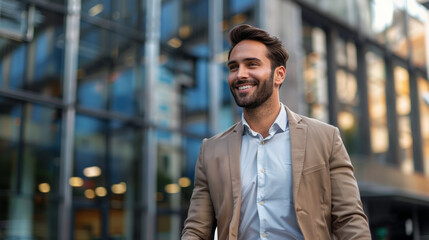 Businessman in an elegant suit exits a large office building, smiling and heading home.