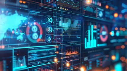 This graphic interface shows the future technology of profit analytics, online marketing research, and information reports for digital business strategies.