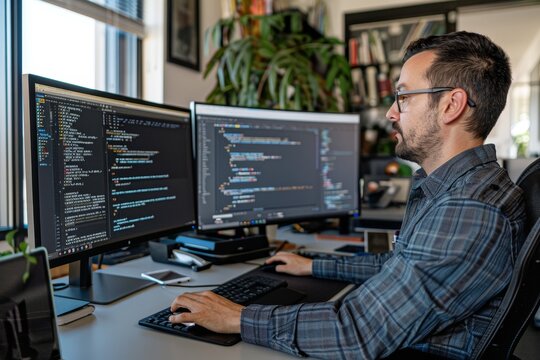 He is a nice bearded guy wearing a checked shirt and working at a wooden industrial interior workstation using a graphic data base structure screen