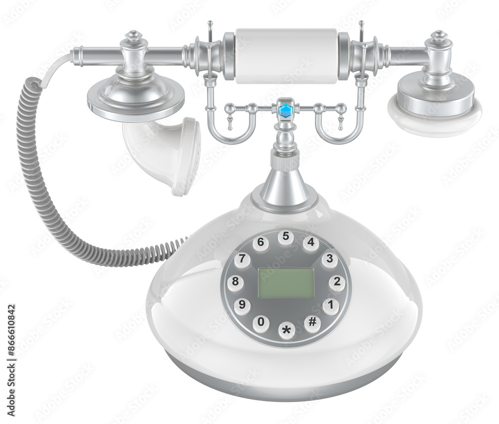 Poster corded telephone antique retro, french style push button telephone. 3d rendering isolated on transpa