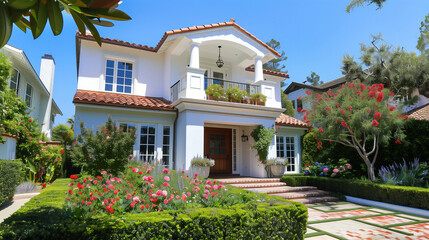 Fototapeta premium Nice House with Garden. Architecture Exterior with Windows. Residential Building (one family). Real Estate. Suburban Residence. 