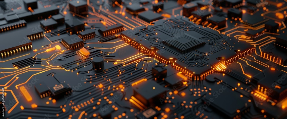 Poster 3d rendering of a printed circuit board futuristic server/circuit board futuristic server code proce