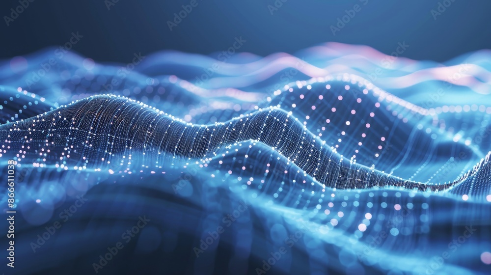 Poster three-dimensional rendering of futuristic abstract mesh. dots and lines connect to form a wave.