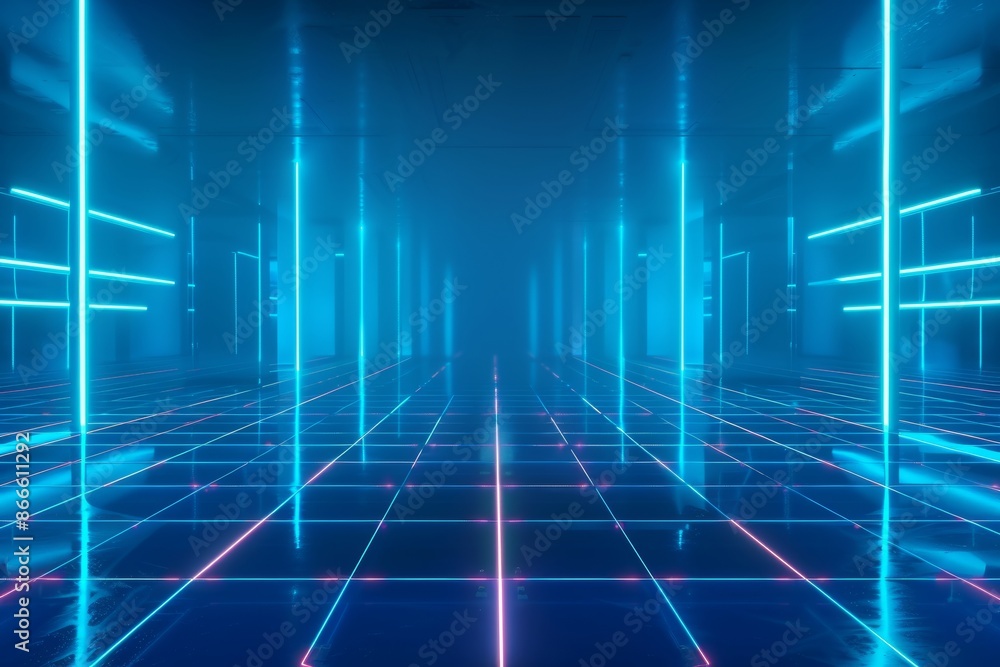 Poster 3d rendering of abstract futuristic background with glowing neon light and grid pattern. technology 