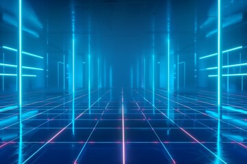 3D rendering of abstract futuristic background with glowing neon light and grid pattern. Technology or geometric design backdrops.