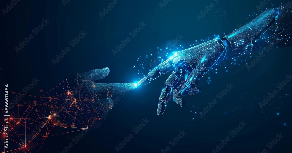Poster robotics, machine learning, hands of human and robot touching on big data network background, scienc
