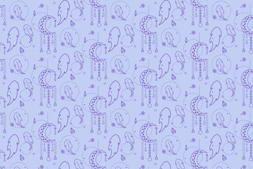 Cute seamless pattern with outline dreamcatchers with moon shape, feathers in boho style on blue background for packaging, wallpapers, wrapping