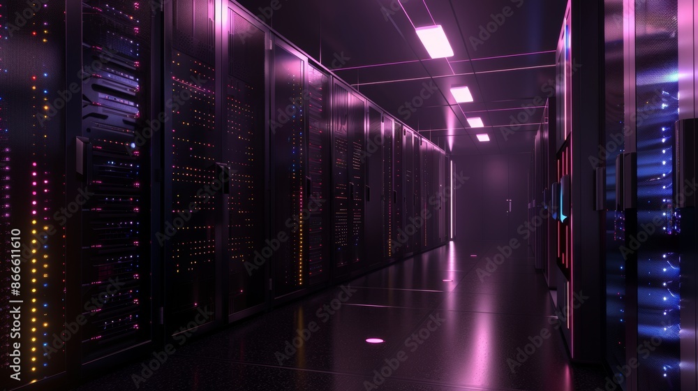 Poster various rack servers and supercomputers in a working data center, modern telecommunications, stock, 