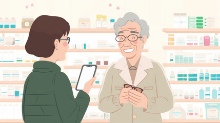 Obraz premium An illustration of a pharmacist advising a middle-aged person on medication, highlighting the pharmacist's role in healthcare and patient support.