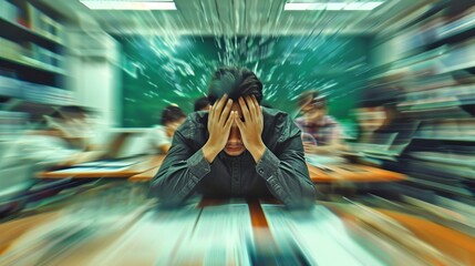 Stressed student with head in hands surrounded by swirling classroom. Conceptual image of academic pressure and mental stress. Stock photo for educational themes and mental health awareness. AI