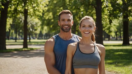 Obraz premium Couple in Athletic Wear Walking Through Park on Sunny Day