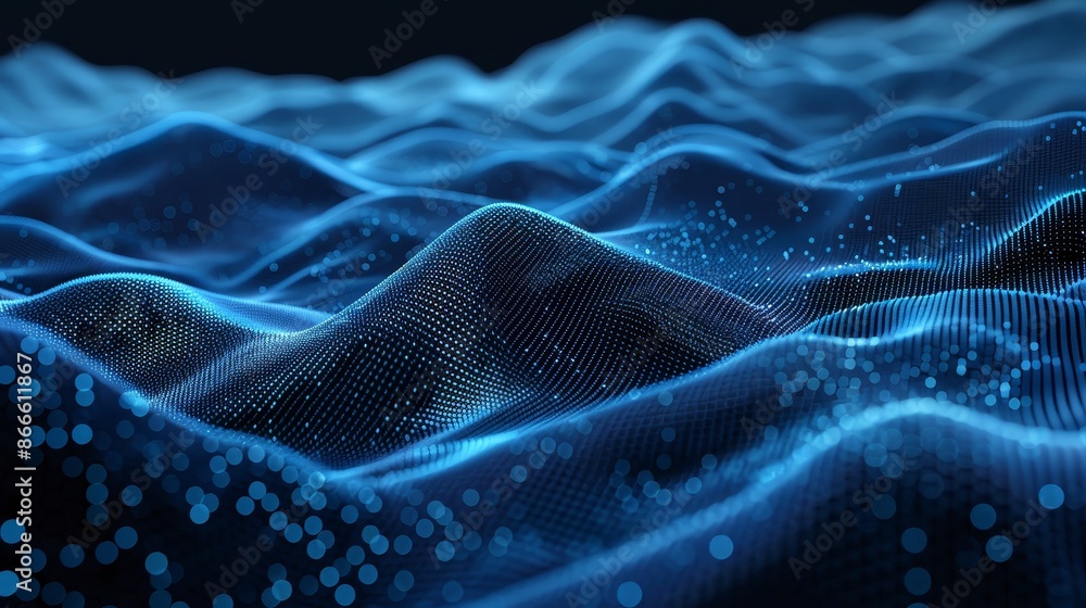Poster falling cyber particles on blue background. big data stream rendered in 3d