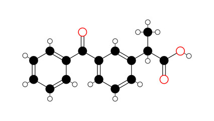 dexketoprofen molecule, structural chemical formula, ball-and-stick model, isolated image nonsteroidal anti-inflammatory drug