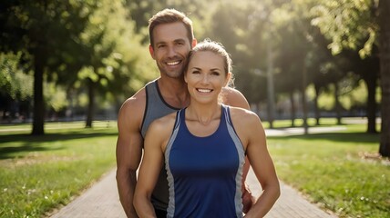 Obraz premium Couple in Athletic Wear Walking Through Park on Sunny Day