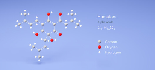 humulone molecule, molecular structure, alpha acids, 3d model, Structural Chemical Formula and Atoms with Color Coding