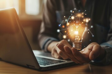Hand holding light bulb Global Internet connection. Fintech, banking, digital link tech, big data business global internet connection.