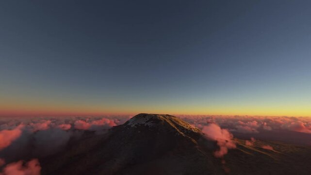Circular aerial view at sunset of Mount Kilimanjaro volcano. Tanzania