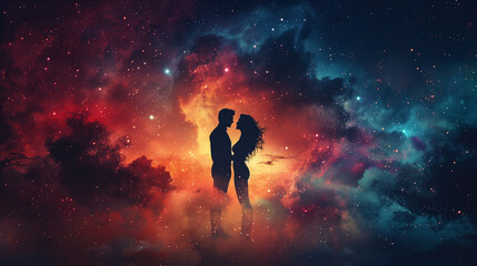 silhouette of Couple in psychedelic smoke