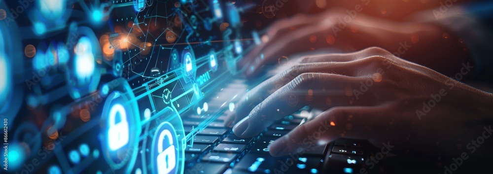 Poster businessman using laptop with digital padlock on internet technology network with cloud computing an