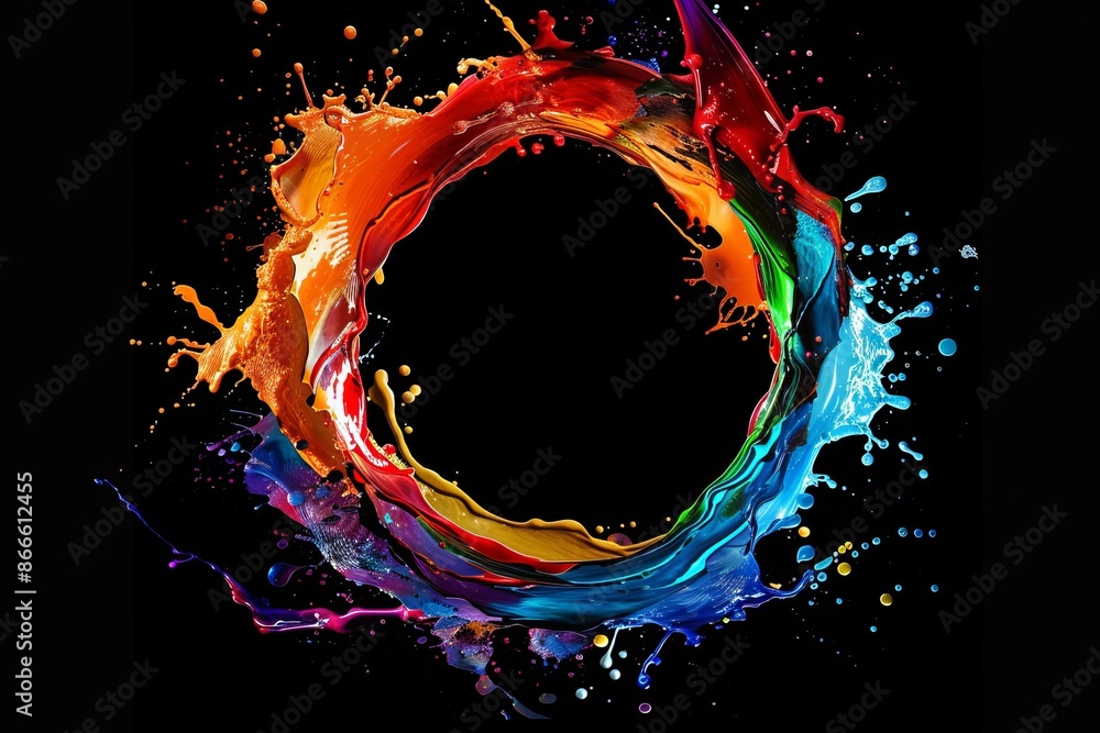 Poster on a white background, an abstract circle liquid motion flow explosion is depicted with colors and w