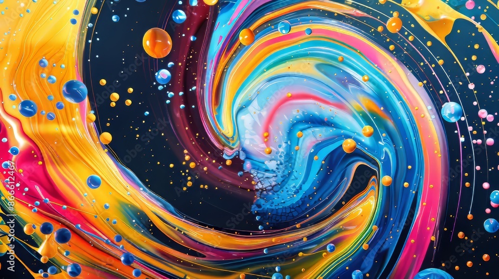Poster flow explosion with circle liquid motion. colorful wave pattern with paint drops on black.