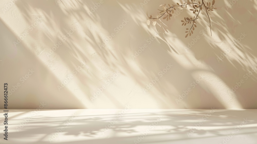 Poster a minimalist abstract light beige background with light and intricate shadows from the window and ve