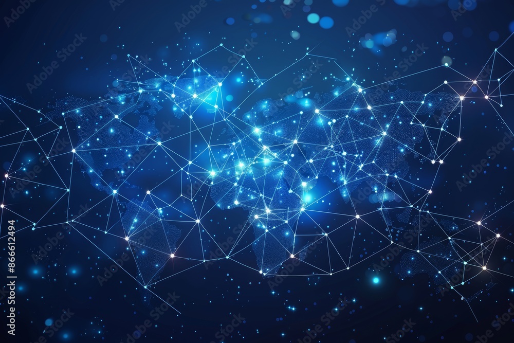Poster networking in the global economy, big data analytics and business, world map point and line composit