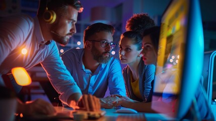 Obraz premium Educating, training and supporting business interns in night office, with manager, boss and mentor support. Developing technology ideas, KPIs and marketing innovation visions with mentorship