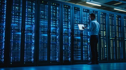 In a big Data Center filled with Rack Servers, an IT technician uses a laptop to run diagnostics and maintenance.