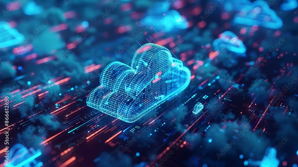 Poster an abstract design for a futuristic digital informational technology web hologram with a cloud icon,