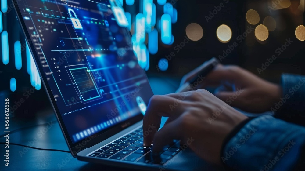 Poster computer network and communication, system administrator developing software for data protection red