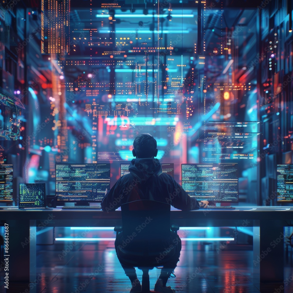 Poster in the future, a tech guru in a data center will use laptops amidst warehouses; server-based informa