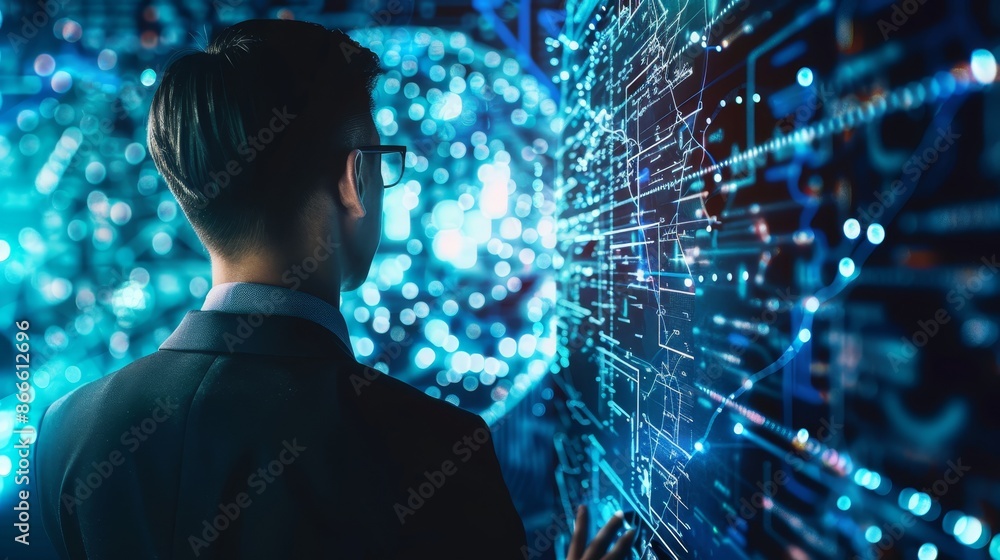 Poster a businessman visualizes complex data on a virtual screen using stock (ai). big data science and ana