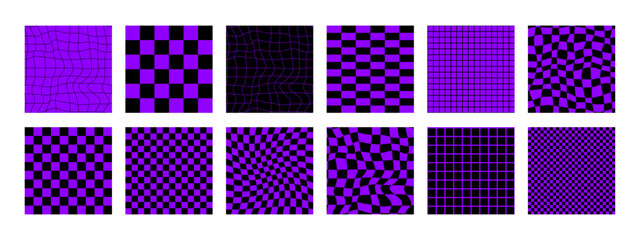 Psychedelic acid backgrounds. Surreal modern geometric shapes, abstract print, and checkered patterns. Groovy background in the trendy style of Y2K, the 90s. Wavy checkerboard. Purple and black colors