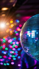 Fototapeta premium Disco ball reflecting hues, against multicolored bokeh lights Vertical Mobile Wallpaper